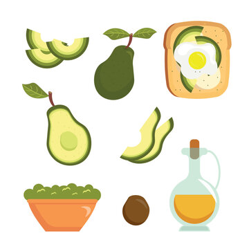 Set of healthy avocado products in cartoon style. Vector illustration of fresh: avocado slices, whole with leaves, half, avocado toast with egg, plate, bottle of oil isolated on white background.