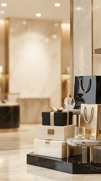 Luxury gift boxes and shopping bags displayed in a high-end boutique interior view