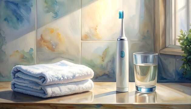 Cepillo de dientes el&eacute;ctrico junto a toallas dobladas y vaso de agua en un ba&ntilde;o luminoso con ambiente de higiene y cuidado personal