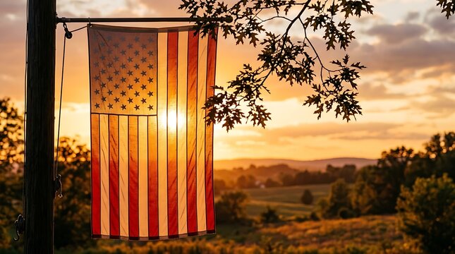 American flag hanging on a pole against a beautiful sunset over a rural landscape
