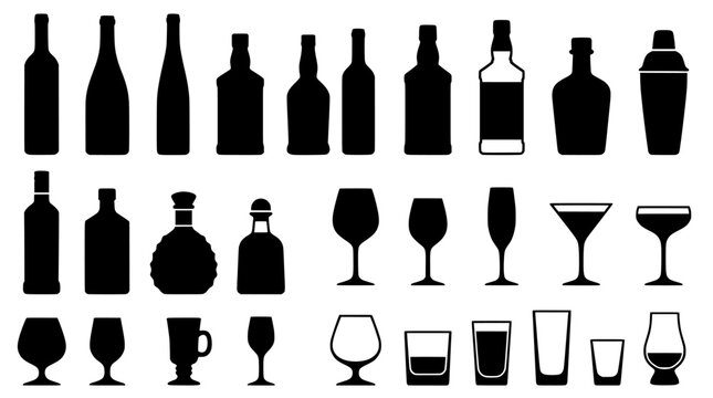 Alcohol bottle and glassware silhouettes, 24 bar icons set, black liquor bottles and cocktail glasses vector, beverage menu graphic elements