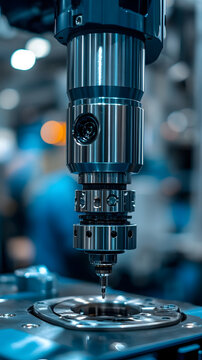 Industrial robotic drill performs precision manufacturing tasks on a metal component within a high-tech factory setting that demonstrates automated assembly line efficiency and modern engineering.
