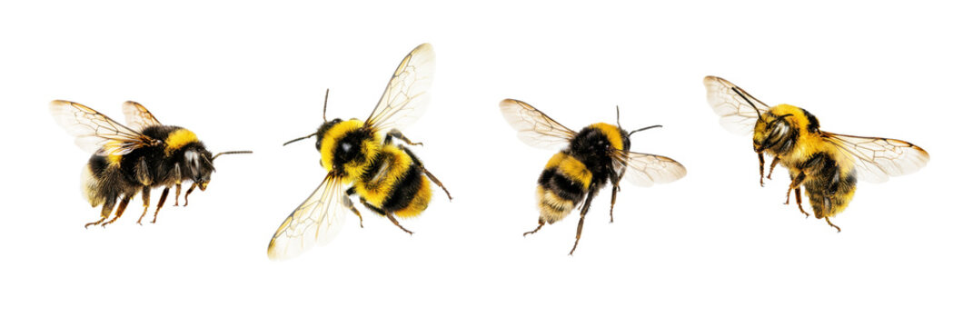 Bumblebees set, flying honey bees collection on white or transparent PNG