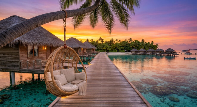 Luxury hanging chair suspended beneath a graceful coconut palm tree overlooking a glowing tropical sunset creating a peaceful island relaxation and vacation concept