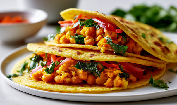 Mauritian dhal puri flatbreads stuffed with yellow bean curry and herb chutney