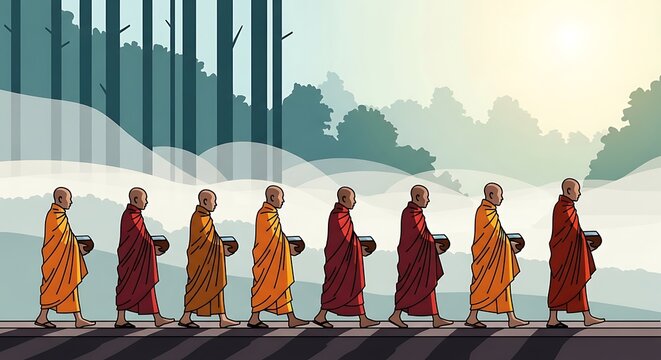 Monks Walking Forest.