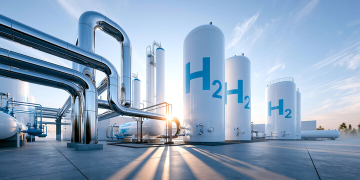  Modern clean hydrogen production plant with white storage tanks and chrome pipes