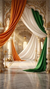 Indian Independence Day Celebration with Tricolor Curtains in Ornate Marble Archway