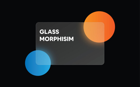 Glass morphism card design with frosted glass effect and colorful abstract circles on a black background
