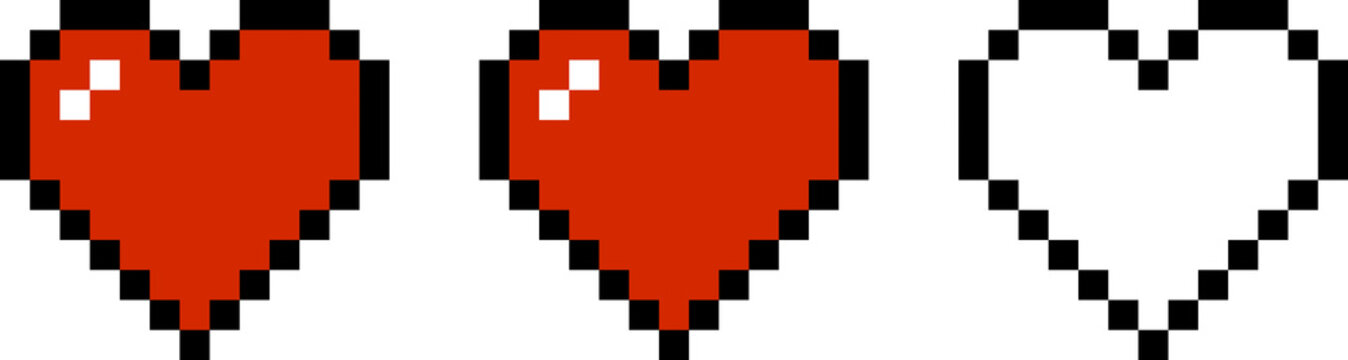 Pixel art heart life bar with two full red hearts and one empty outline representing health points in retro 8-bit video game style isolated on white background
