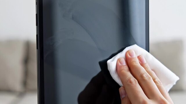 Thorough screen cleaning: hand wiping a smartphone for a streakfree finish