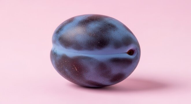 Single Purple Plum on Pink Background, Fresh Fruit Macro Shot