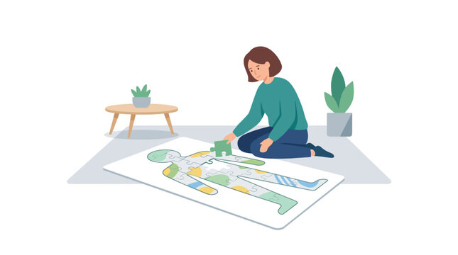 Woman assembling human silhouette jigsaw puzzle for self discovery and mental wellness flat design vector illustration.