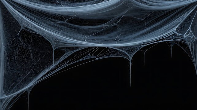 Spooky white spider web texture hanging against a dark black background for halloween design