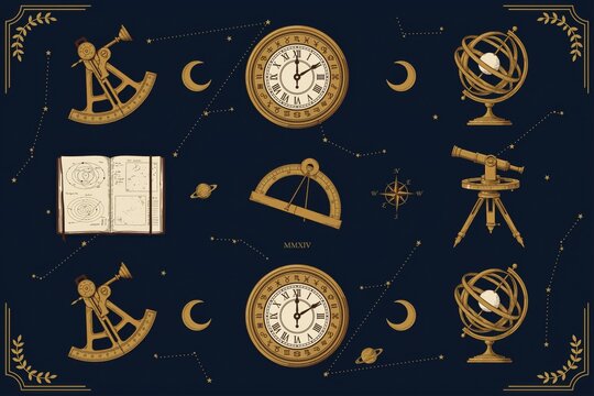 Vintage astronomical pattern with golden sextants, armillary spheres, clocks, telescopes, and star constellations on dark blue background
