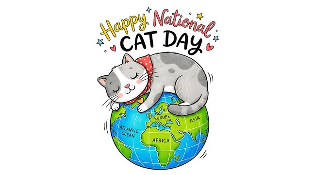 Cute cartoon cat sleeping peacefully atop a stylized globe celebrating annual feline awareness day event