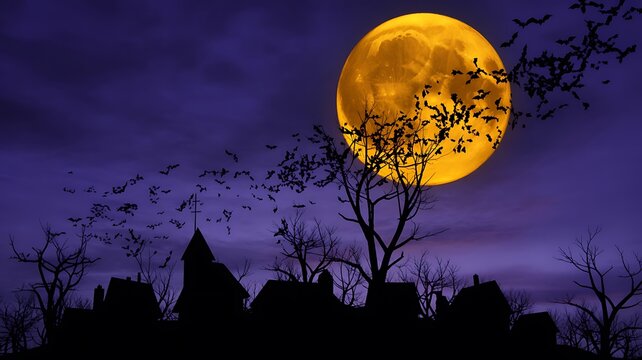 Spooky halloween night scene with a large glowing full moon and dark silhouetted trees