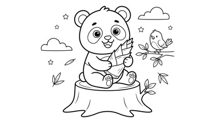 Cute panda holding bamboo sprout sitting on stump with bird and clouds in simple outline vector style © MdJamil