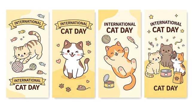 Set of four vertical banners featuring cute kawaii cats celebrating international cat day event with festive celebration international