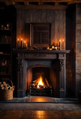 Obraz premium Cozy old wooden fireplace with burning fire and candles