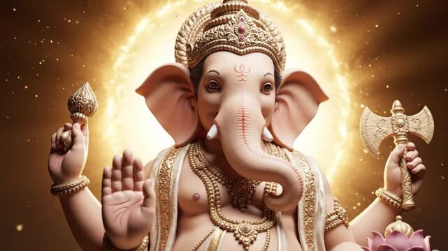 Ultra realistic cinematic video of Lord Ganesha seated gracefully in a traditional blessing pose inspired by an exquisite handcrafted sculpture serene compassionate expression elegant curved trunk lar
