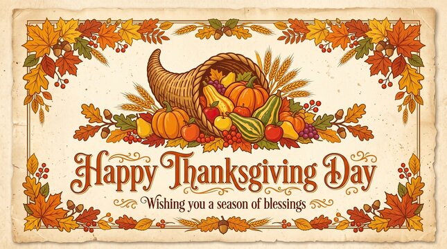 Vintage style happy thanksgiving day greeting card featuring a decorative cornucopia with autumn leaves and harvest fruits
