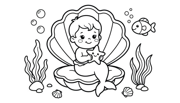 Child mermaid sitting in a seashell with a starfish and ocean plants vector silhouette for coloring