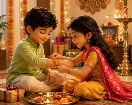 Brother and sister celebrating raksha bandhan with traditional rituals and rakhi thread ceremony festival siblings tradition ceremony celebration