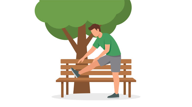Athletic man stretching hamstrings on park bench under a green tree during morning workout flat vector illustration.