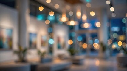 Obraz premium Blurred indoor lobby with warm bokeh lights and modern architectural elements.