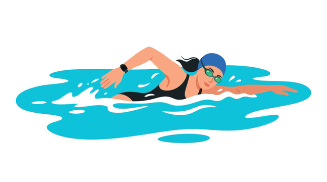 Professional female swimmer performing freestyle stroke in a bright blue pool flat vector illustration