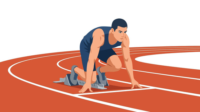 Professional sprinter in starting blocks position on athletic running track flat design vector illustration.