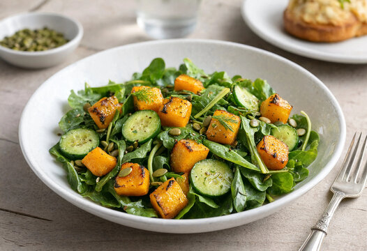 Fresh roasted pumpkin salad with cucumber arugula seeds and herbs served in white bowl on wooden table healthy meal option for lunch or dinner