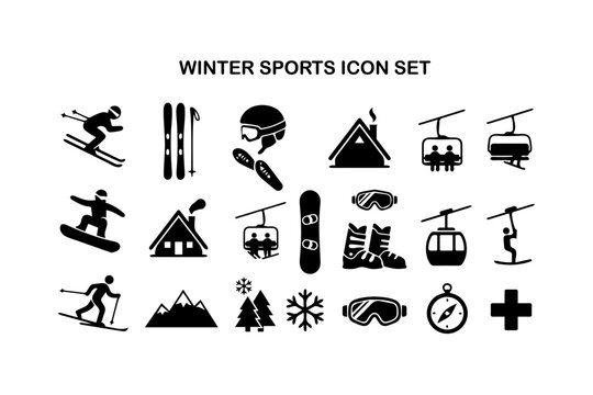 Winter sports and mountain resort icon set with snowboarding mountain snowboard vacation equipment