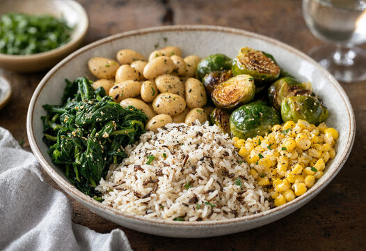 Healthy bowl featuring roasted Brussels sprouts corn wild rice spinach and beans served on rustic tablecloth for balanced vegetarian meal