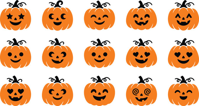 Set of cute hand drawn watercolor halloween pumpkins with various funny facial expressions isolated on white background