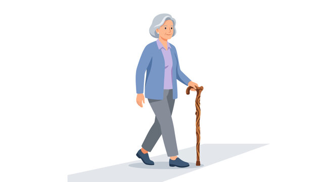 Elderly senior woman walking with a carved wooden cane for mobility support flat vector illustration.