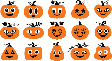 Fototapeta premium Set of cute cartoon pumpkin characters with various funny facial expressions for halloween holiday design elements