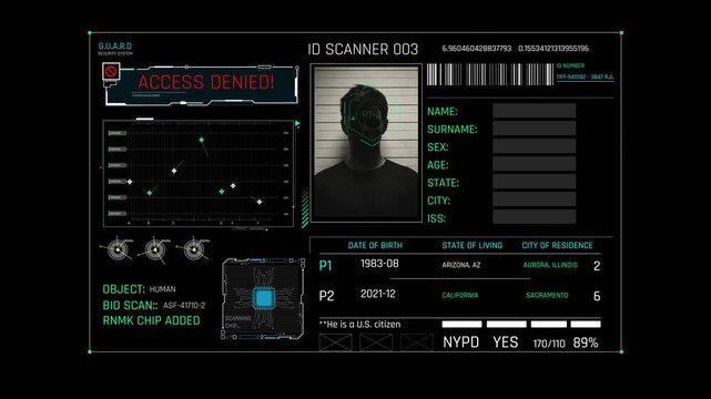 Futuristic Sci Fi HUD ID Scanner Interface with Facial Recognition Head Scan and Access Denied Warning