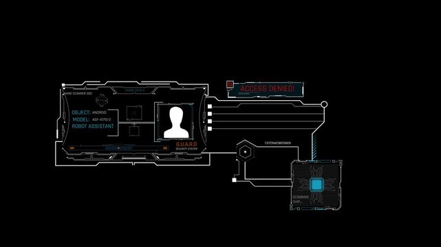 Futuristic Sci Fi HUD Android Chip Scanner Interface with Access Denied Alert and Robot Identification