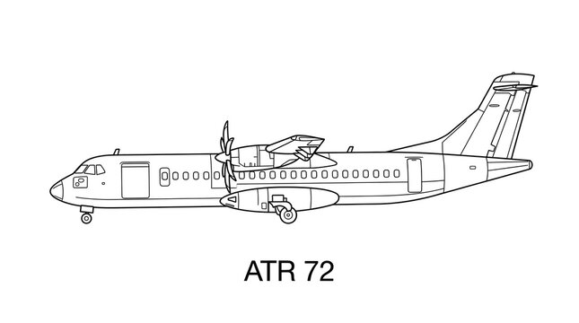 A detailed black and white line art illustration of an ATR 72 turboprop regional passenger aircraft.