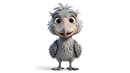 Fototapeta premium Adorable full body baby shoebill with large beak and expressive eyes in a realistic 3D cartoon style isolated on a white background.