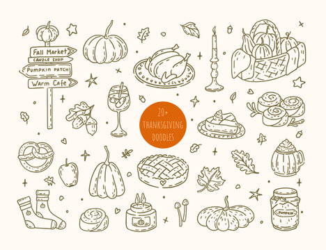 Thanksgiving Doodle set with Turkey, Harvest Foos, and Autumn Cozy Elements. Vector illustration.