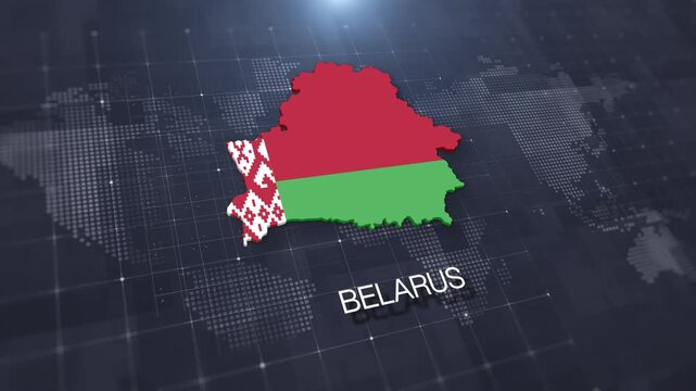 Belarus map with national flag on digital world map background, geographic border, global political and international news concept