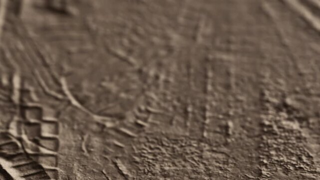 The surface displays various marks and lines showing past activity. It suggests use and movement in the area. The texture indicates wear over time and interaction with the environment.