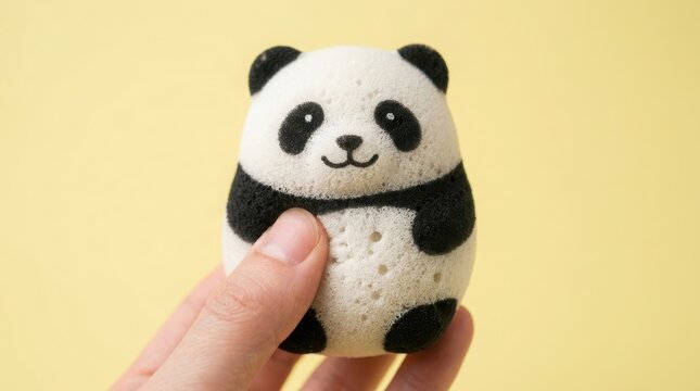 Hand holding a panda squishy toy. Soft squeezable stress relief object with cute animal shape. Sensory tactile fidget device for sensory play and fun activity for child and adult.