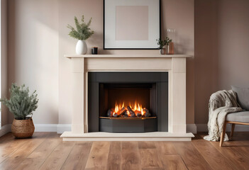 Obraz premium Modern indoor fireplace with warm flames and cozy decor