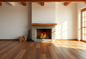 Obraz premium Modern indoor fireplace with burning fire and wooden floor