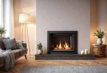 Obraz premium Modern living room with lit fireplace and cozy decor