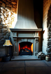 Obraz premium Cozy old stone fireplace with burning fire indoors